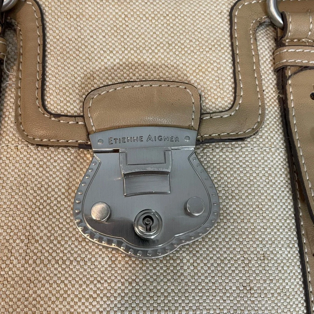 Etienne Aigner Jute Canvas and Leather Satchel Shoulder Bag Tan Beige Doctor Bag